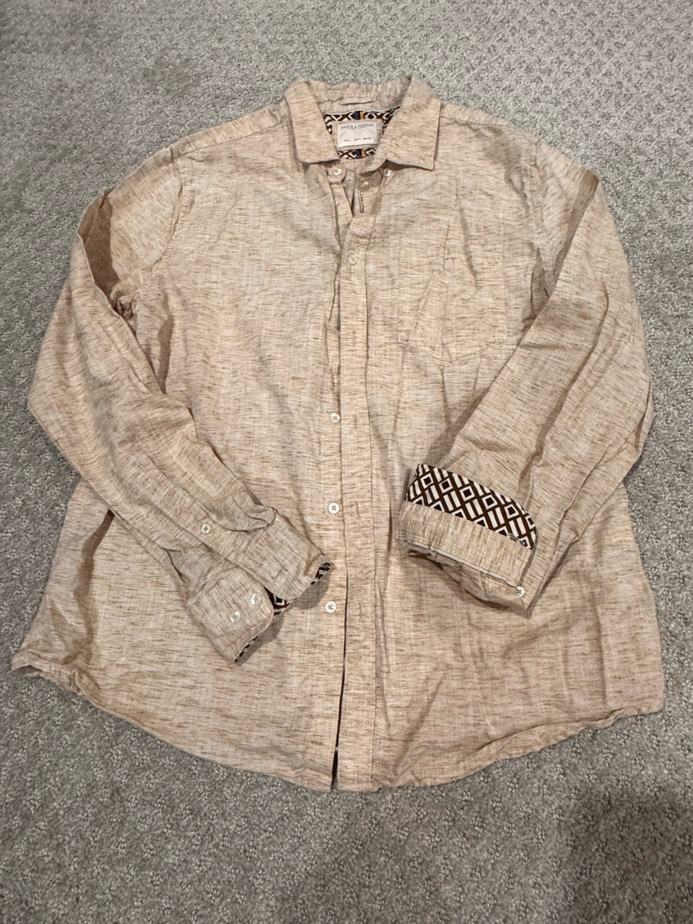 Denim & Flower Men's Cotton Lyocell Button Down Shirt Beige Tan Size L